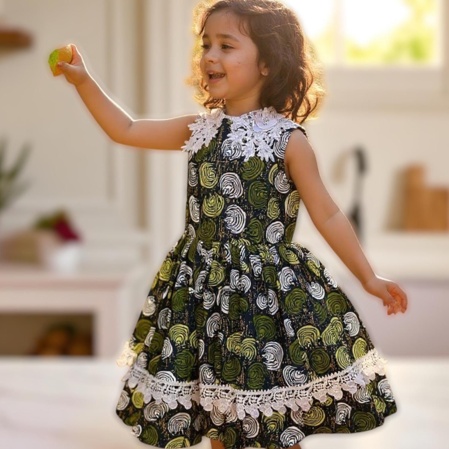 Green Floral Patterned Girls' Dress