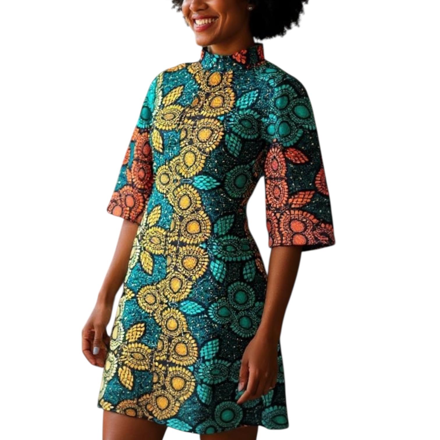 Aqua-Orange Print Dress