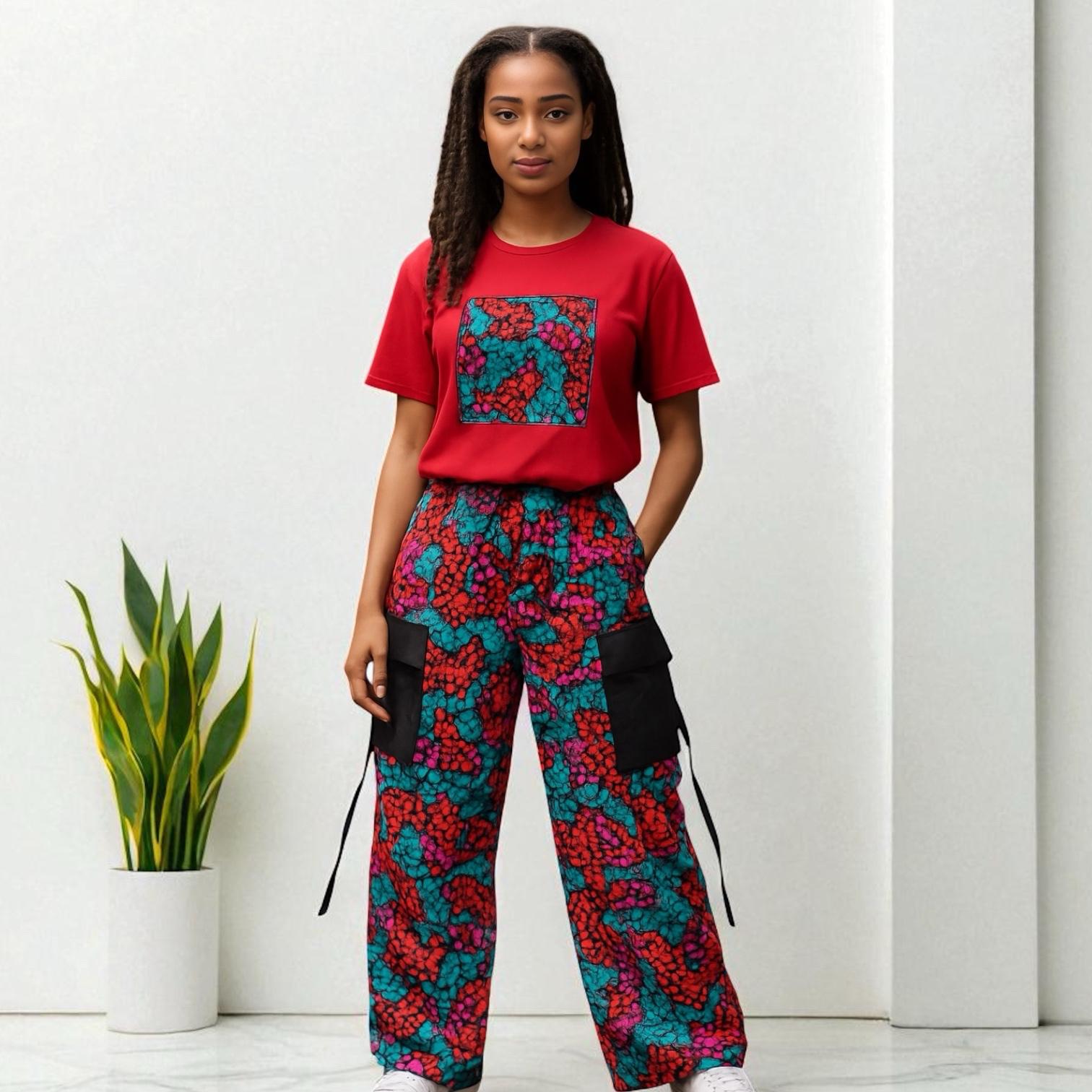 Red T-Shirt & Multi-Colour Cargo Pant Set