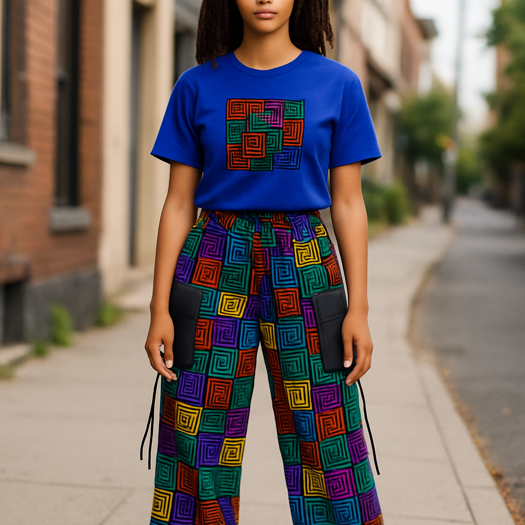 Blue T-Shirt & Multi-Colour Cargo Pant Set