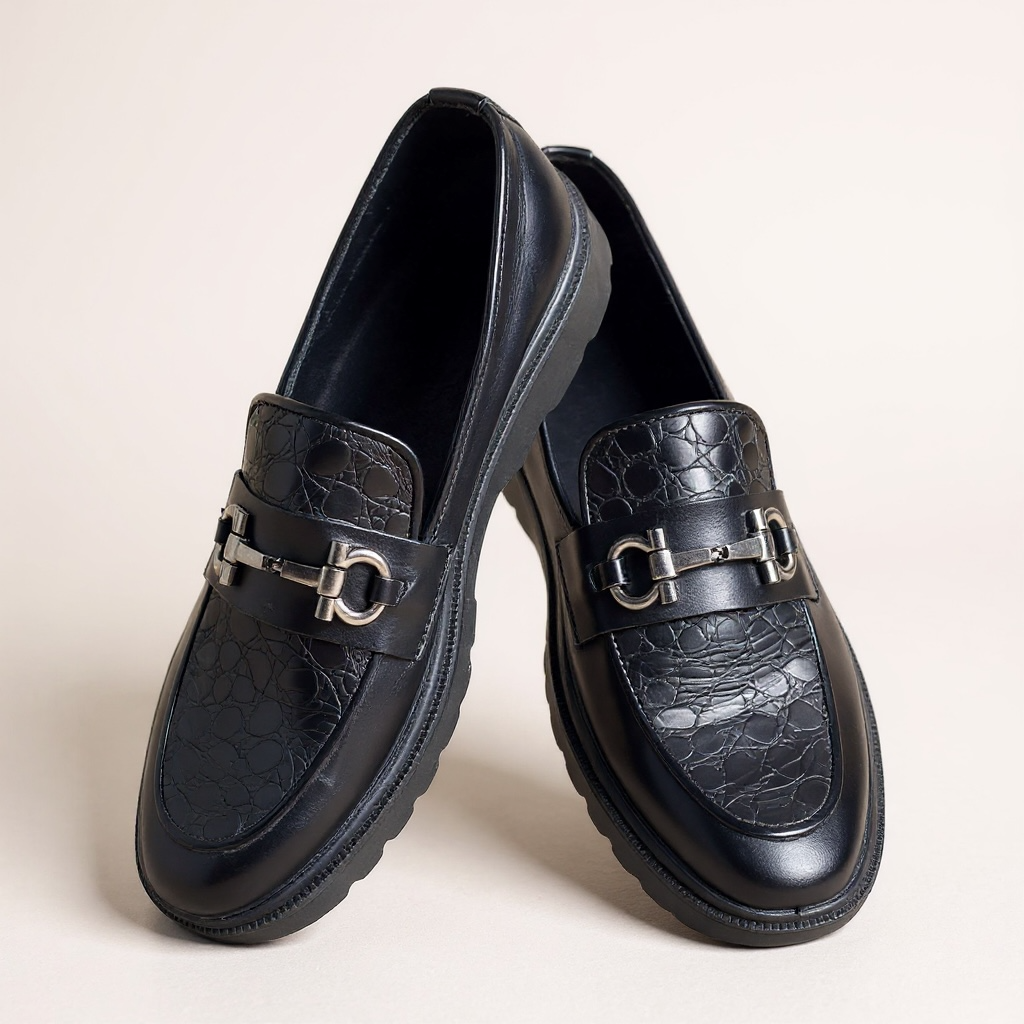 Black Croc-Embossed Leather Loafers Shoe