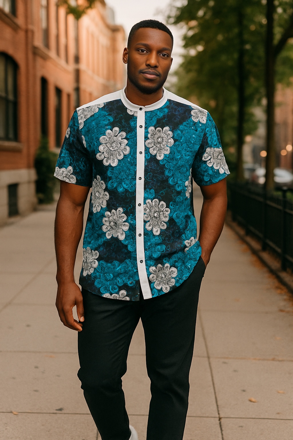 Blue Floral Print Short Sleeve Shirt