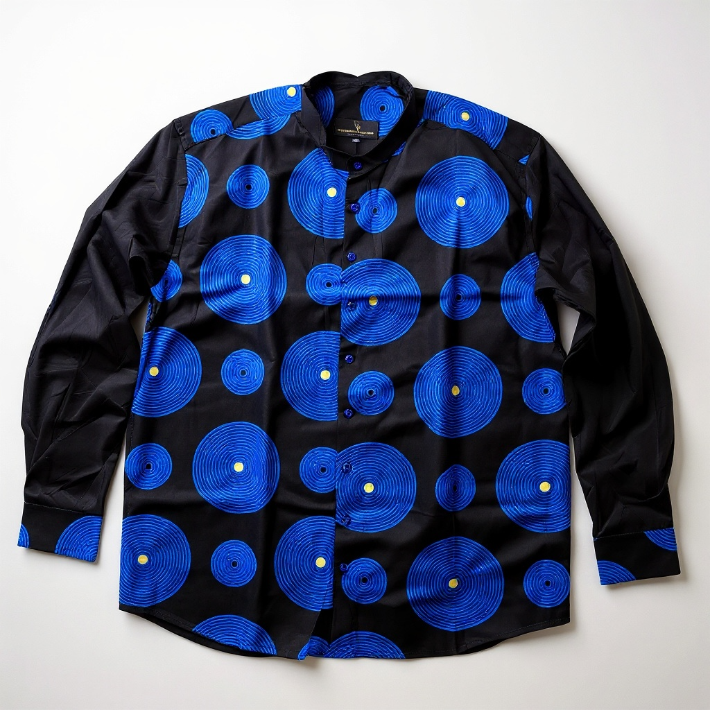Men's black button-up shirt with blue pattern