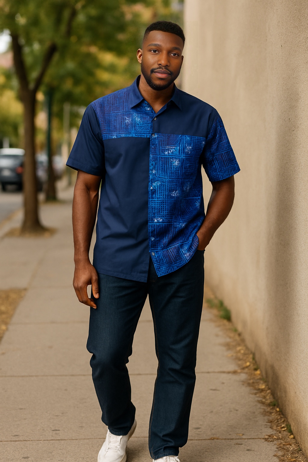 Men's Blue Patchwork Short Sleeve Shirt