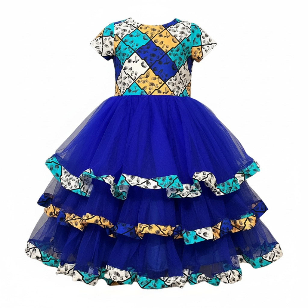Girls' Blue Patchwork Party Dress