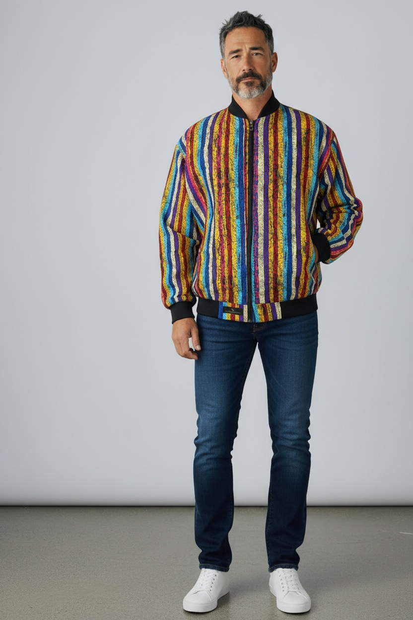 Reversible Multicolored Striped Bomber Jacket