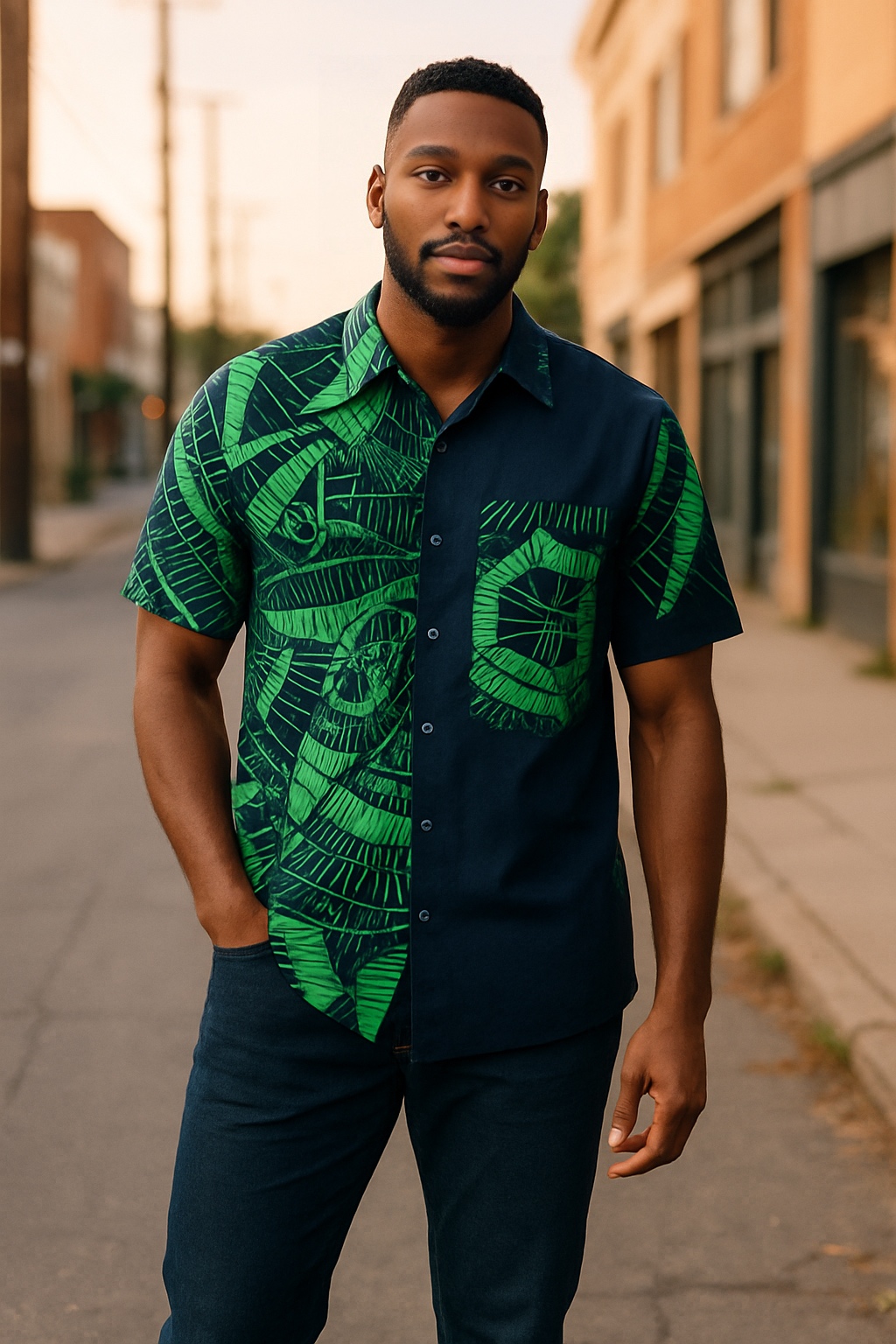 Green and Navy Abstract Print Shirt