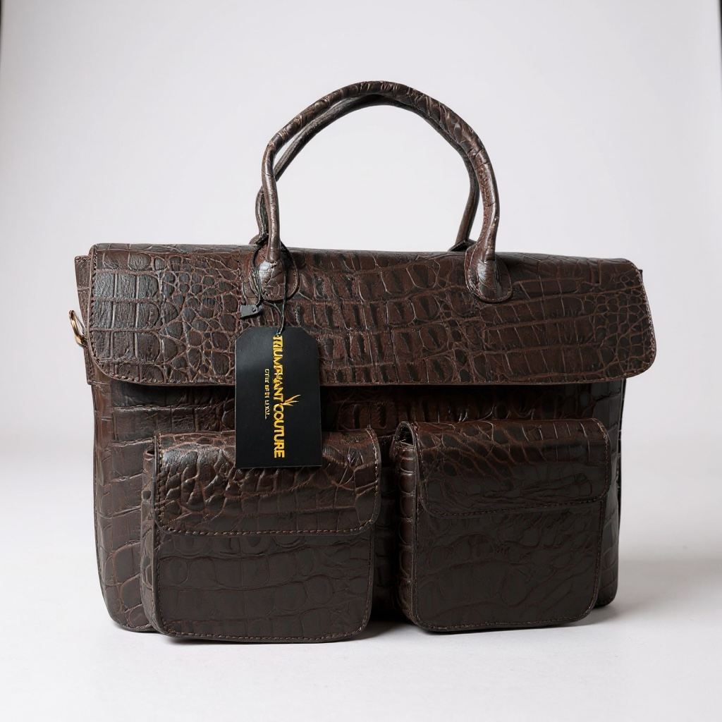 Brown Croc-Pattern Leather Handbag