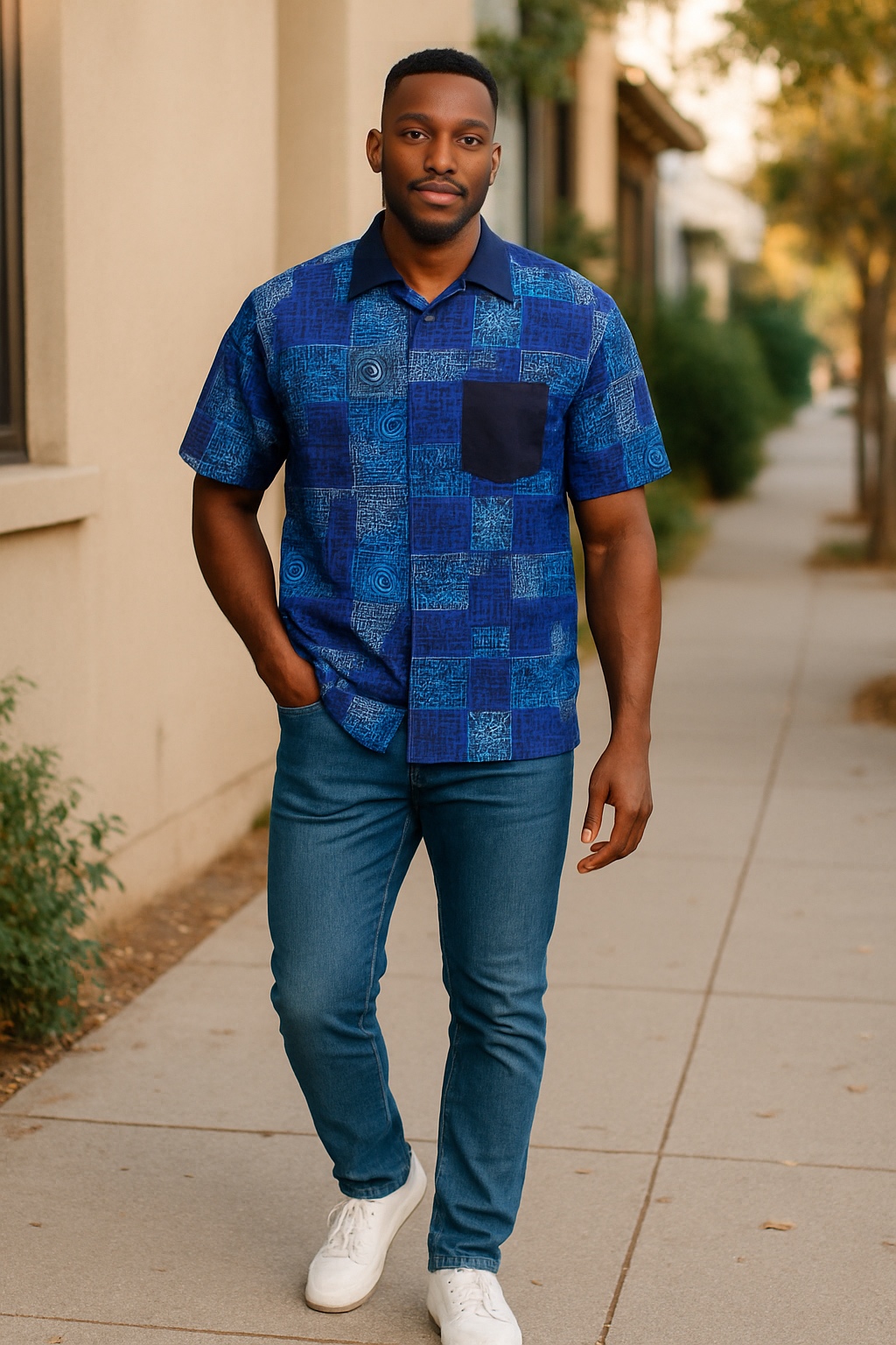 Men's Blue Patchwork Short Sleeve Shirt