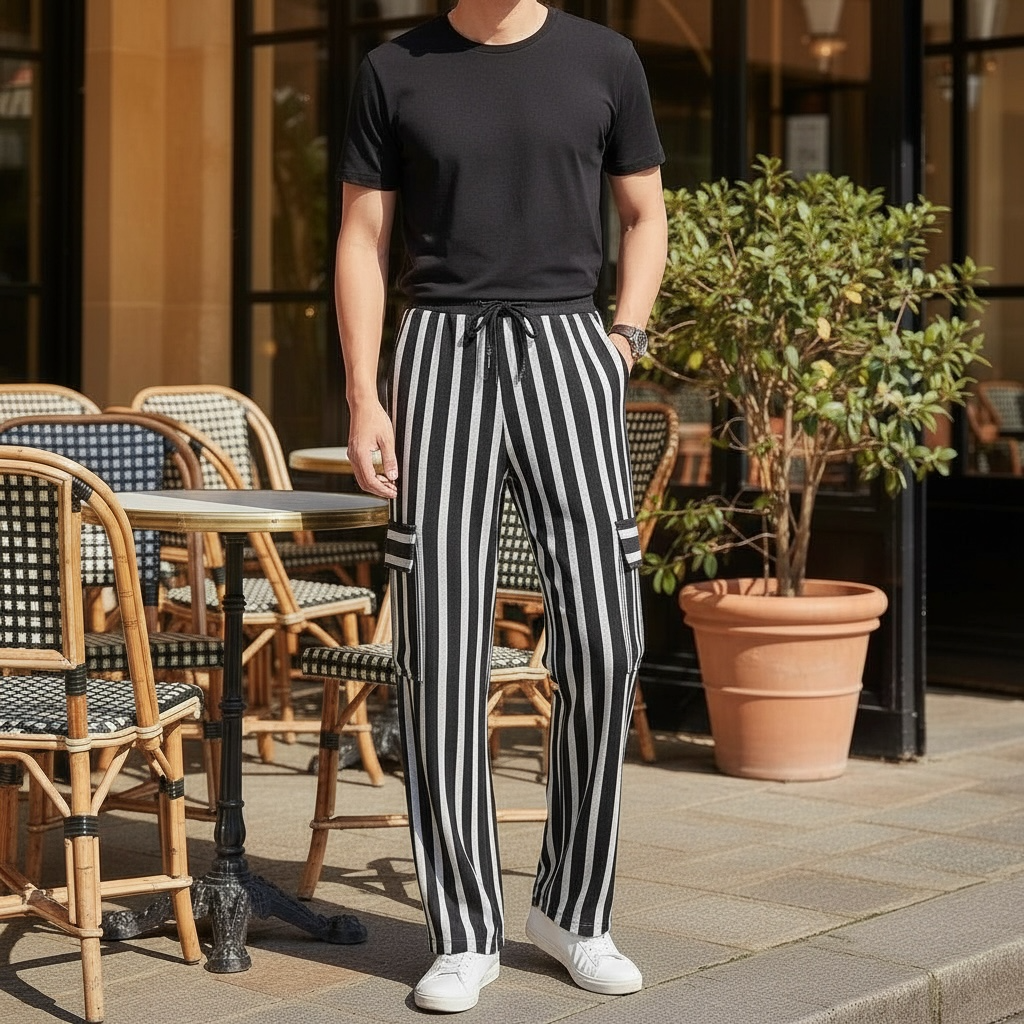 Asoke Vintaged Striped Cargo Pant- Black and White 