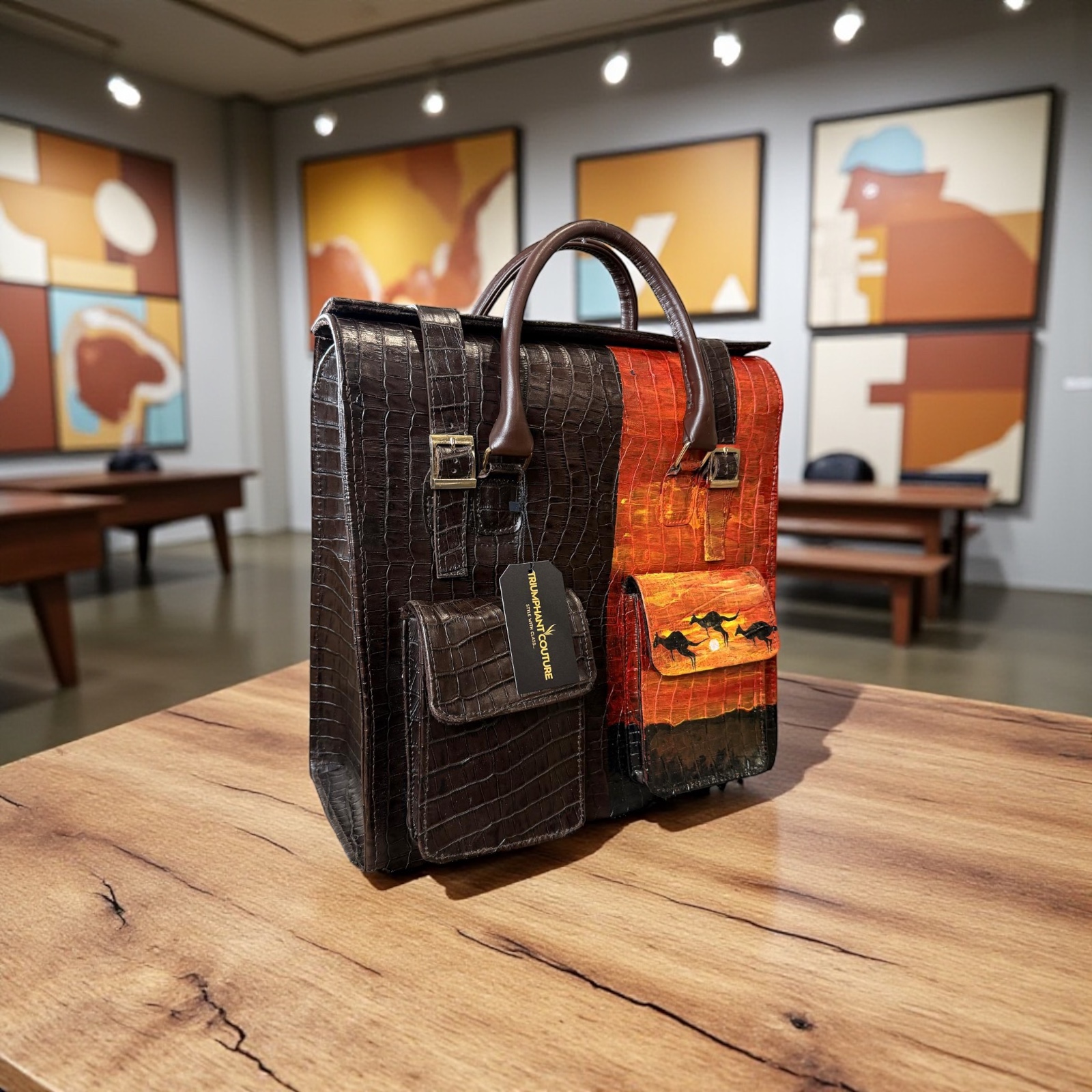 Odogwu Coffee Brown Leather Bag with Roo Painting