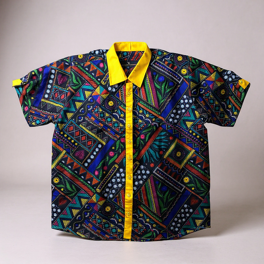 Geometric Print Shirt with Yellow Collar