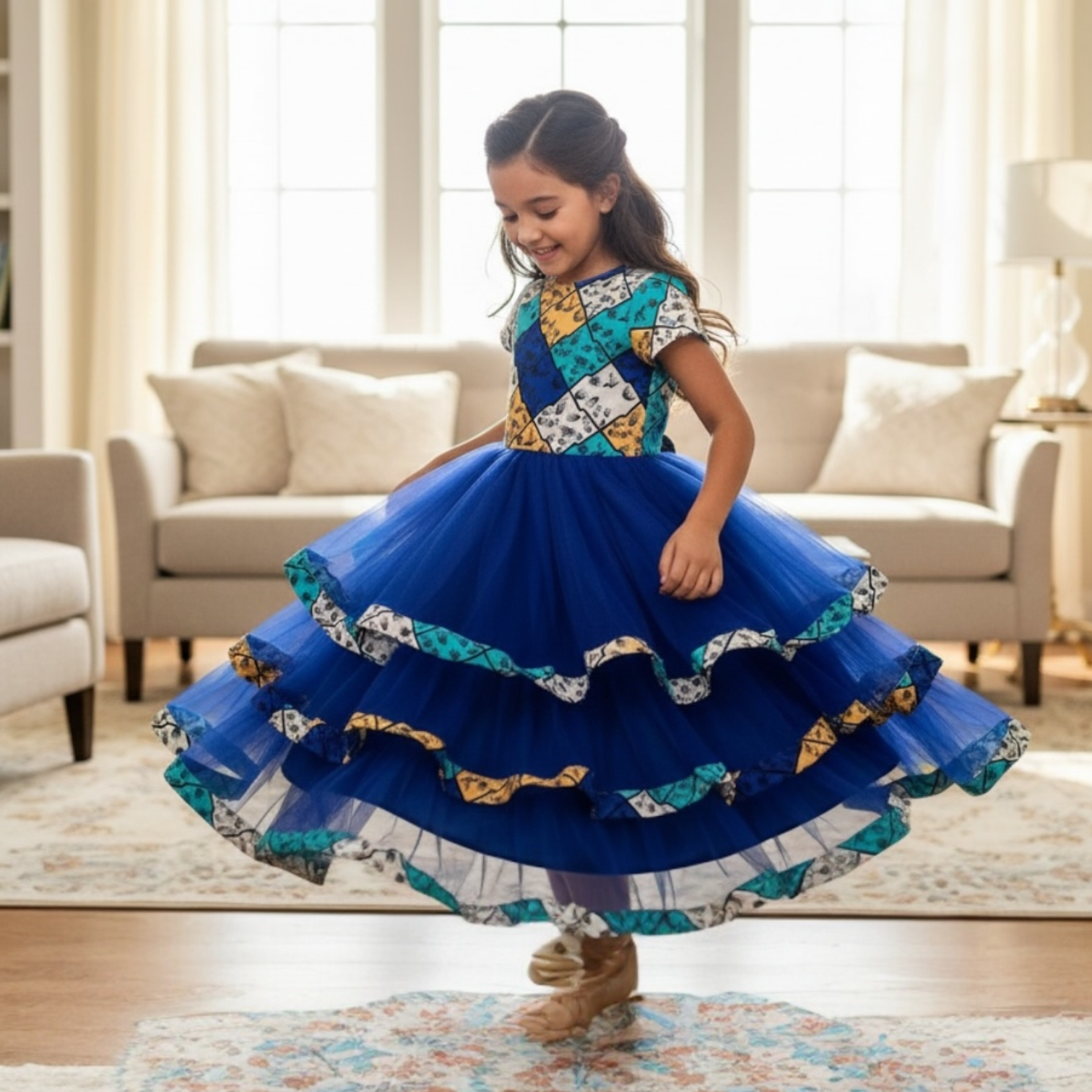 Girls' Blue Patchwork Party Dress