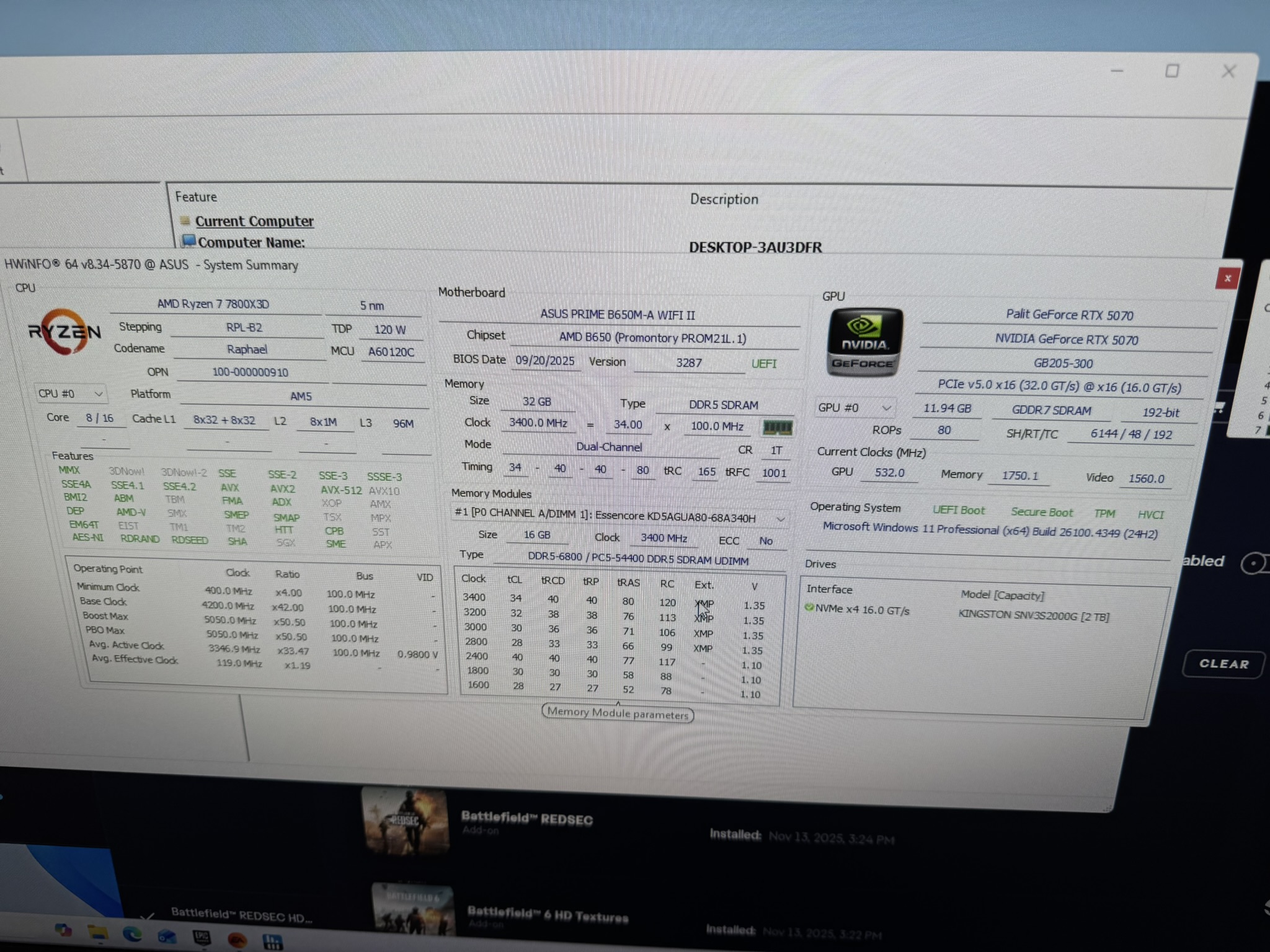 Brand new gaming PC Ryzen 7800x3d rtx5070 32gb DDR5