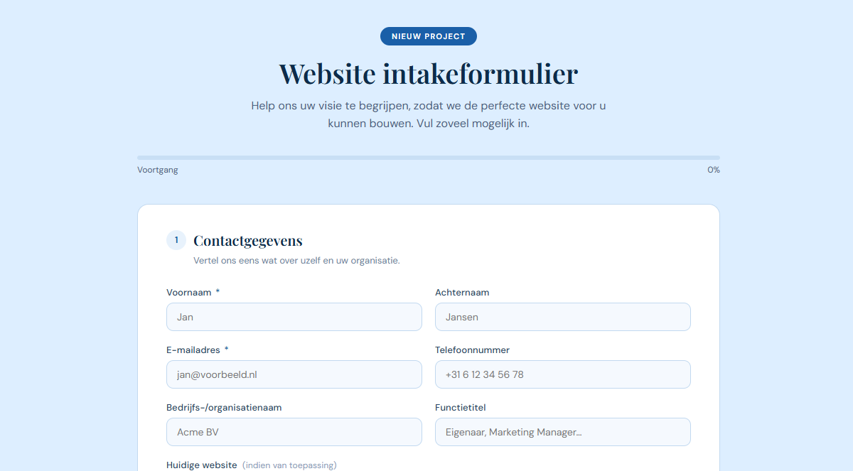 Website intake form webbuilders ready to use