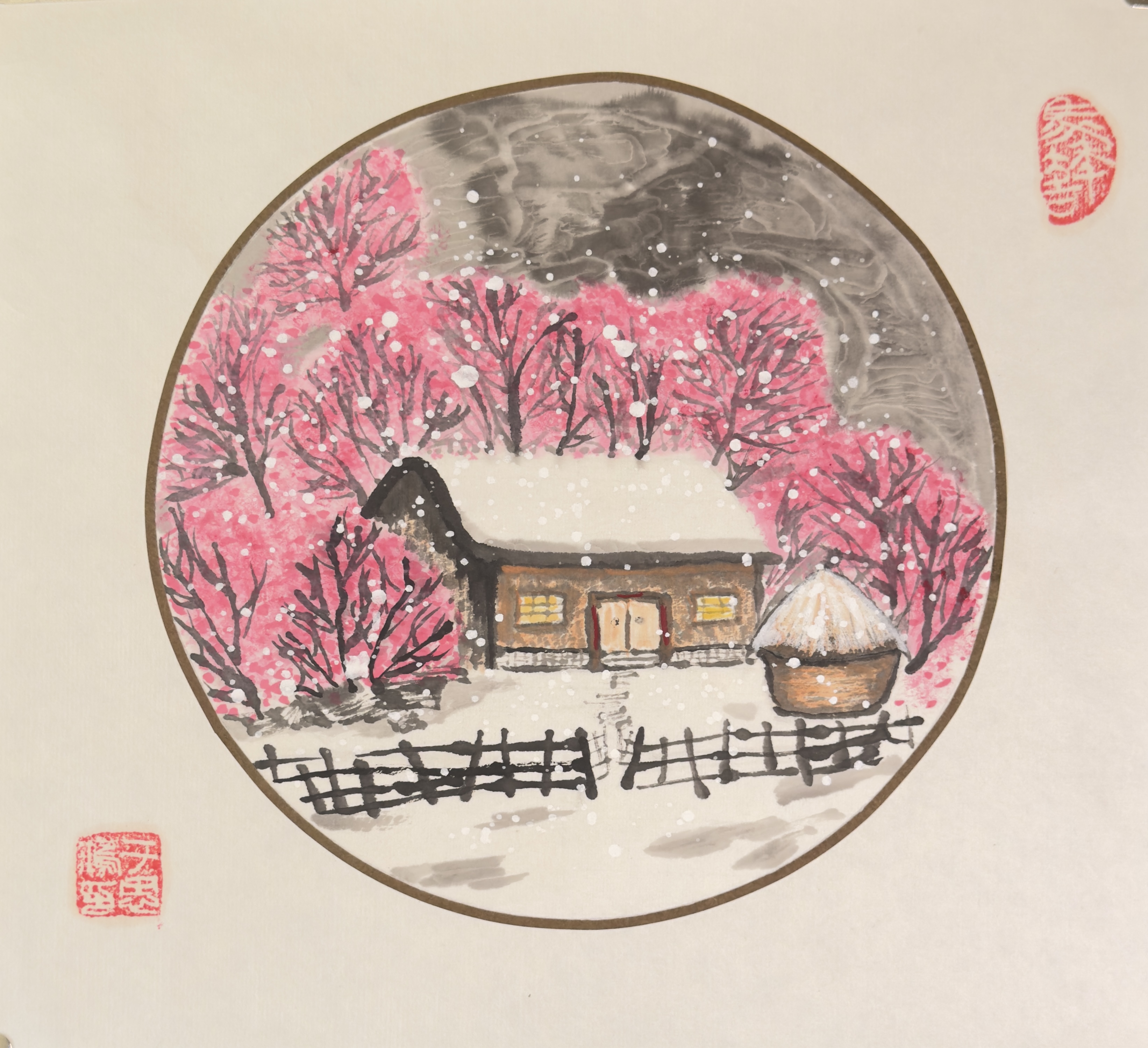 Hand-Painted Winter Cottage Scene
