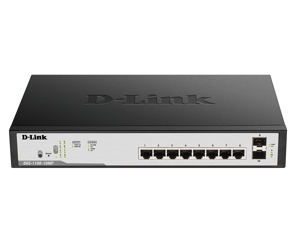 SWITCH 10 DLINK 10/100/1000 C/GESTÃO LONG RANGE 250M 8X POE 2X SFP 96W Model: DGS-F1100-10PS-E/E