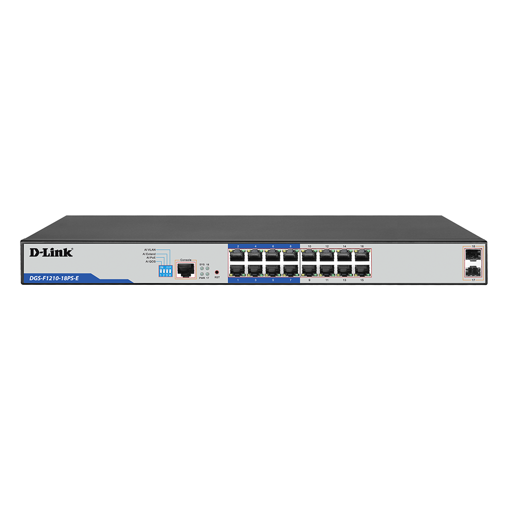 SWITCH 18 DLINK 10/100/1000 C/GESTÃO LONG RANGE 250M 16X POE 2X SFP 150W DGS-F1210-18PS-E