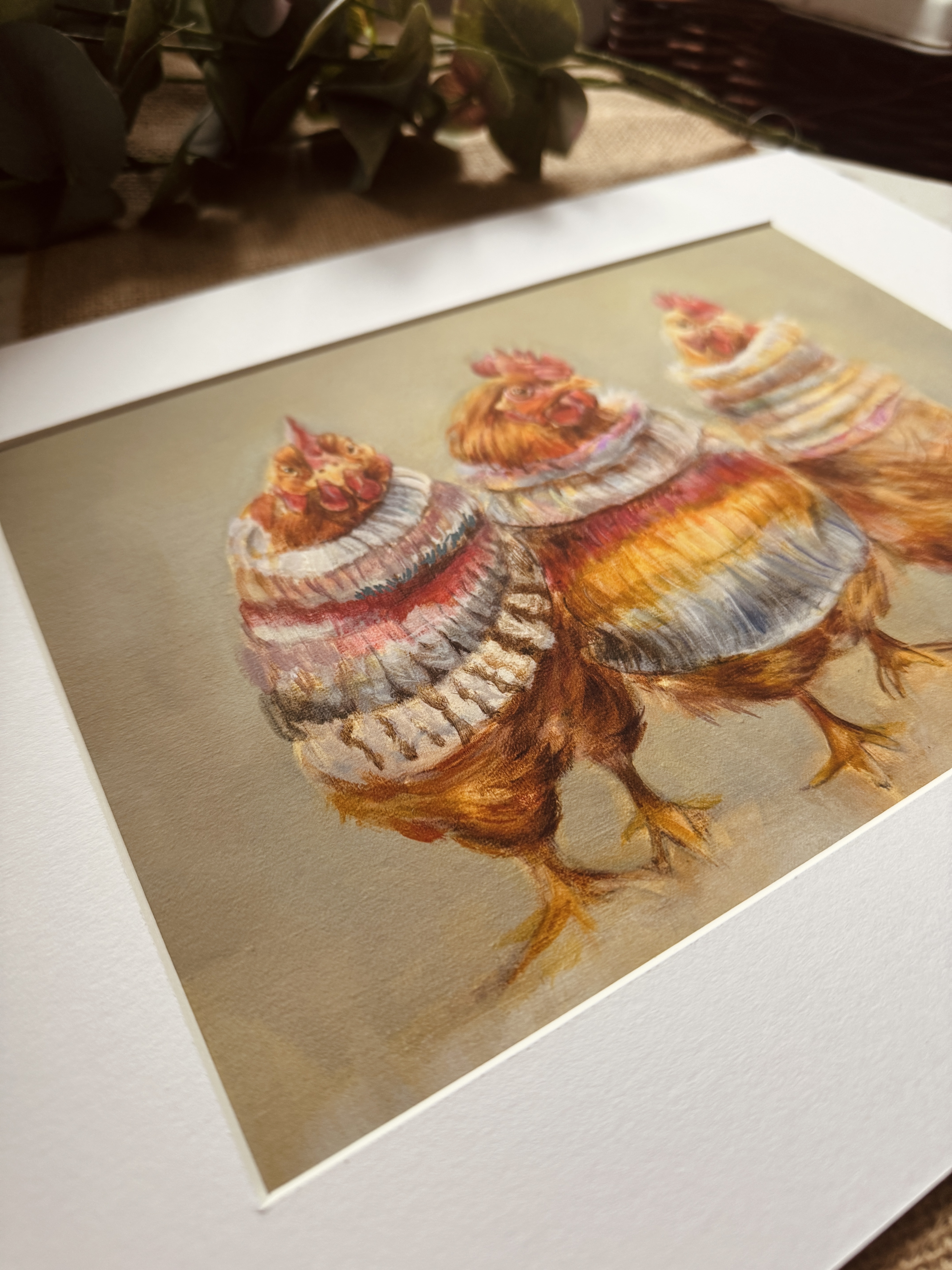 Cosy Chickens in Colourful Sweaters Fine Art Giclée Print