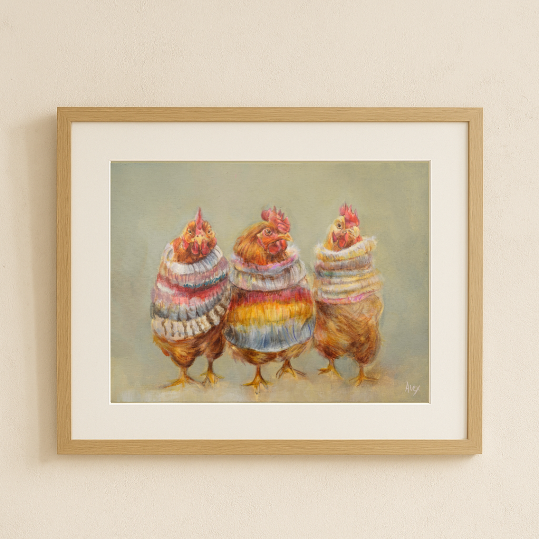 Cosy Chickens in Colourful Sweaters Fine Art Giclée Print