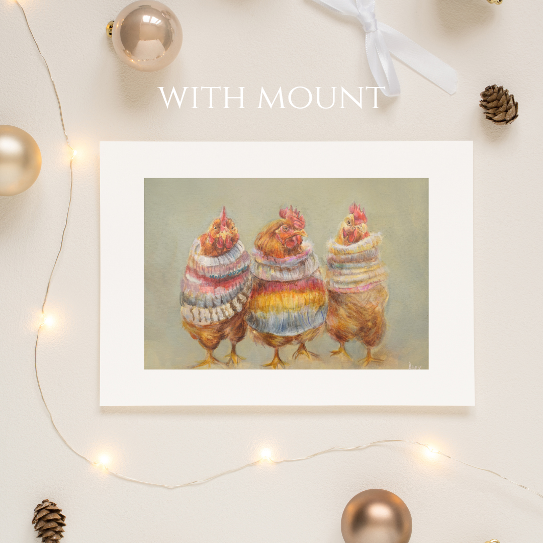 Cosy Chickens in Colourful Sweaters Fine Art Giclée Print