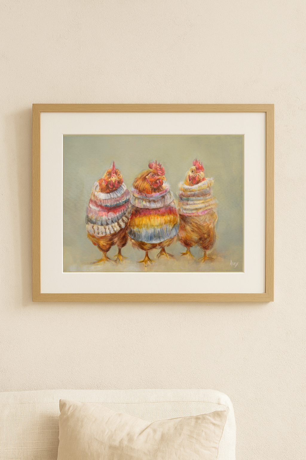 Cosy Chickens in Colourful Sweaters Fine Art Giclée Print