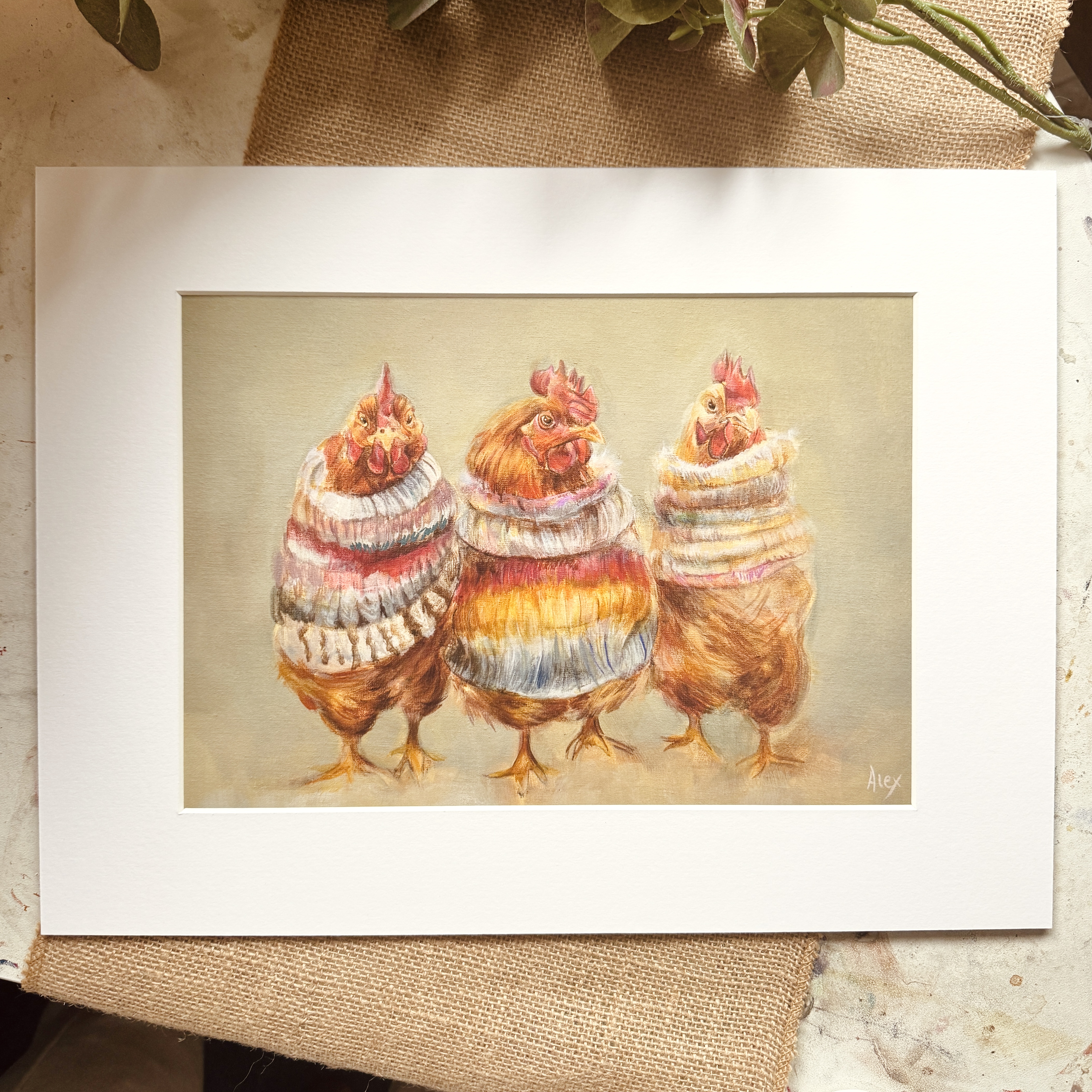Cosy Chickens in Colourful Sweaters Fine Art Giclée Print