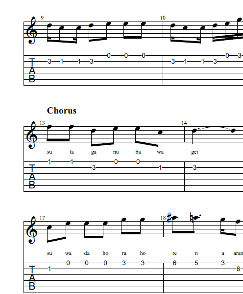 Sulaga Nuba Wagei - Solo Tab with Song Lyrics