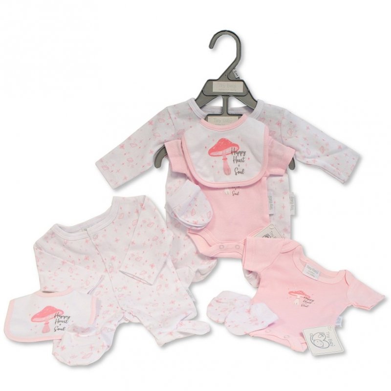 Tiny Baby Premature Baby Bib Mittens Bodysuit & Pink & White Sleepsuit Set