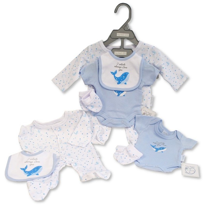 Tiny Baby Premature Baby Bib Mittens Bodysuit & Sleepsuit Blue & White Set