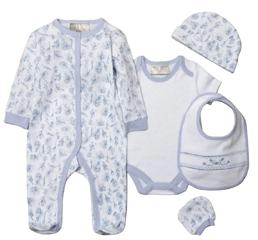 Blue Floral pattern 6 Piece Baby Sleepsuit By Rock A Bye Baby