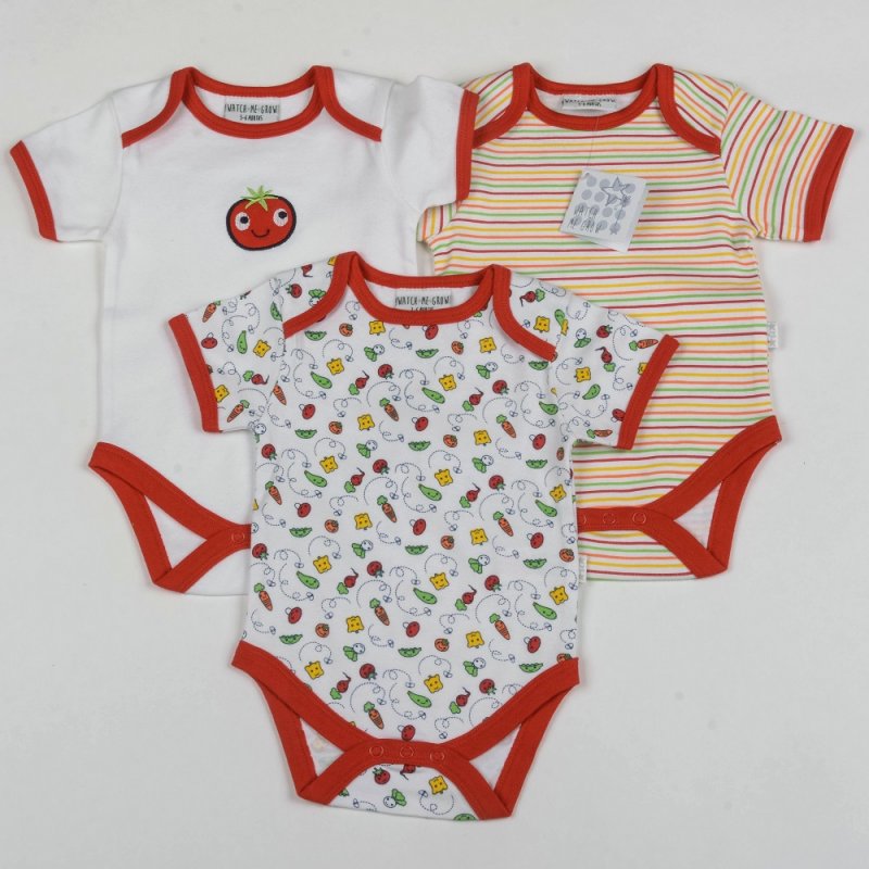 Baby Unisex Vegetables 3-Pack Bodysuits by Watch Me Grow - 100% Cotton Comfort with Playful Vegetable Patterns