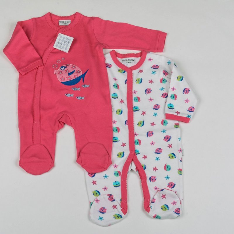 Baby Girl Fish Pattern 2-Pack Cotton Sleepsuits by Watch Me Grow - 100% Soft and Breathable Comfort