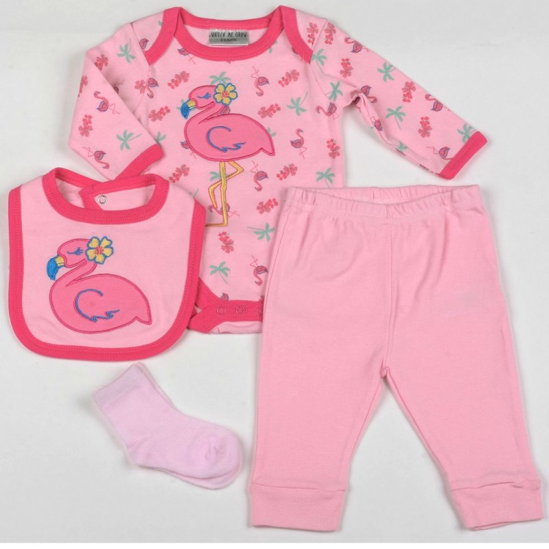 Baby Girl Flamingo Pattern 4-Piece Cotton Outfit Set by Watch Me Grow – Stylish and Comfortable Clothing Collection