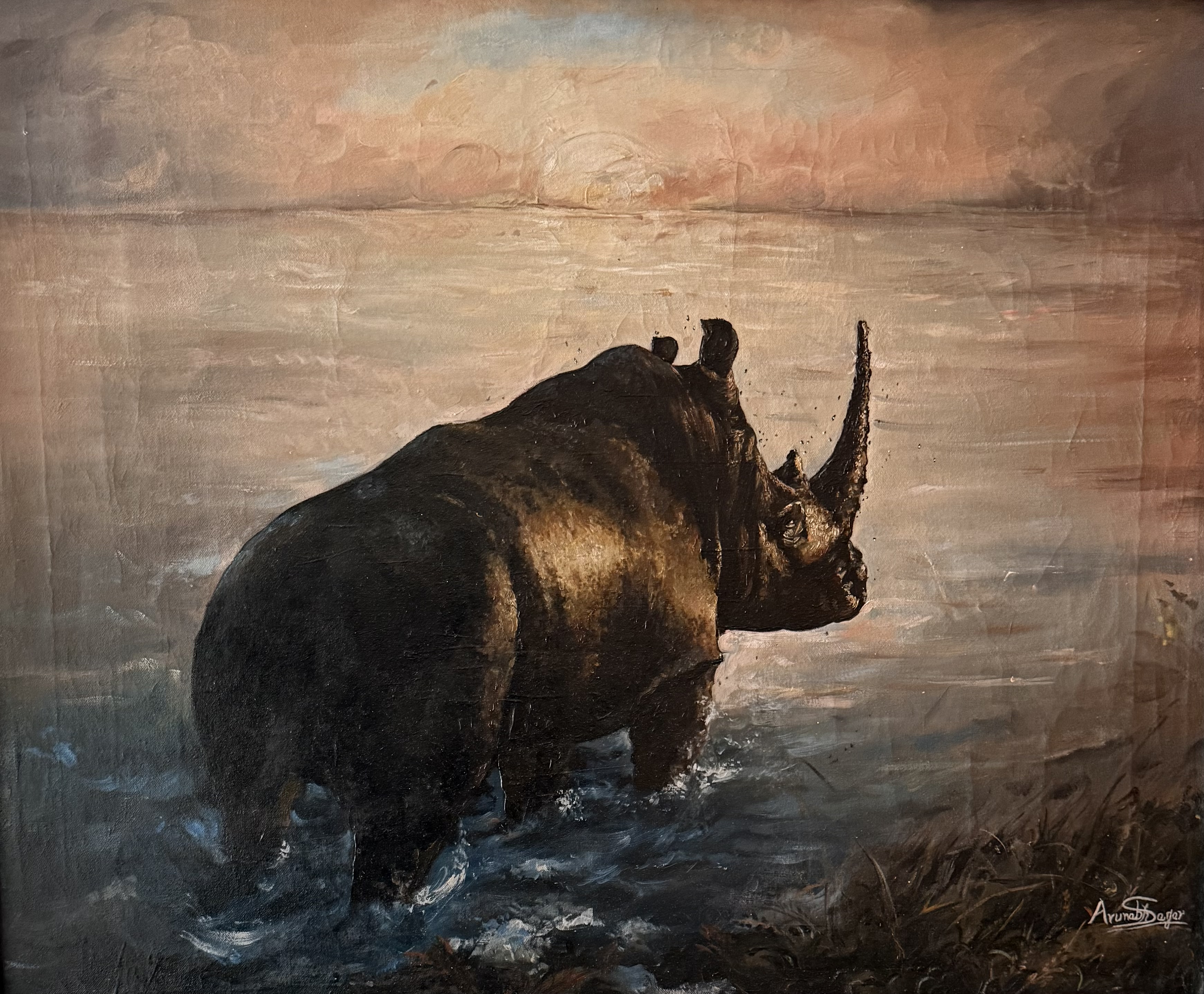 Rhinoceros at Sunset Painting