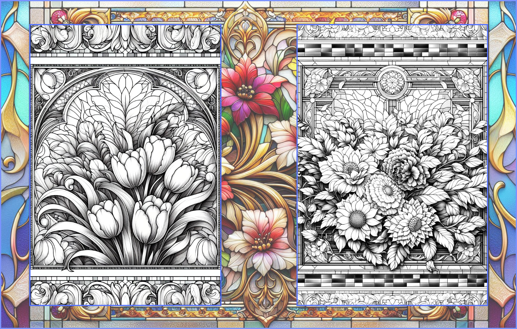 Floral Glass Coloring Pages PDF Digital Download