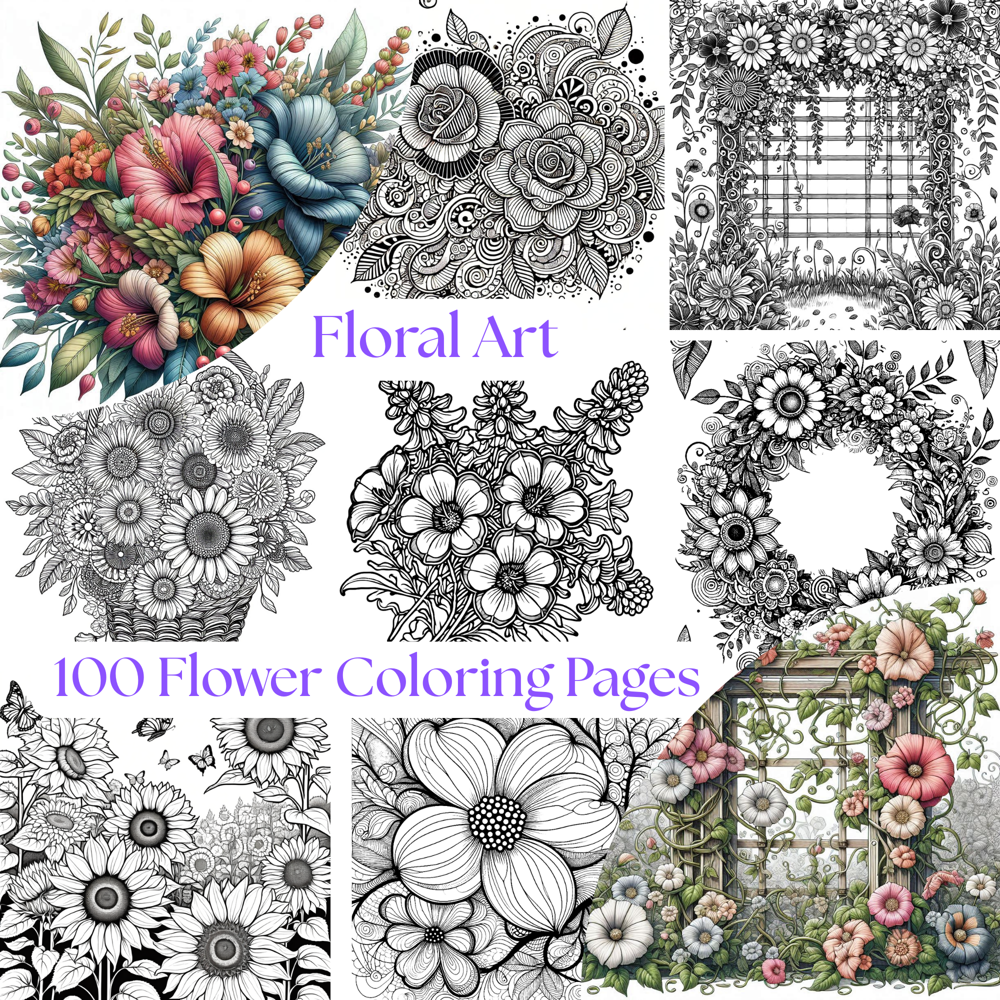 Floral Art Coloring Pages PDF Digital Download