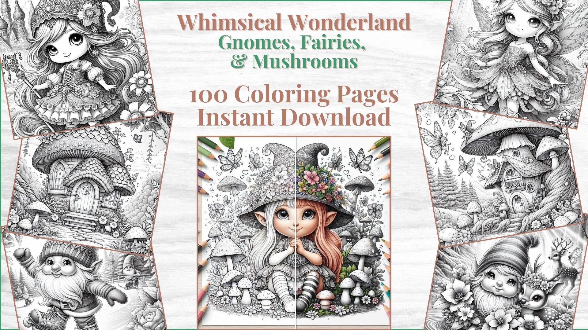 Whimsical Wonderland - Gnomes, Fairies, & Mushrooms Coloring Pages PDF Digital Download