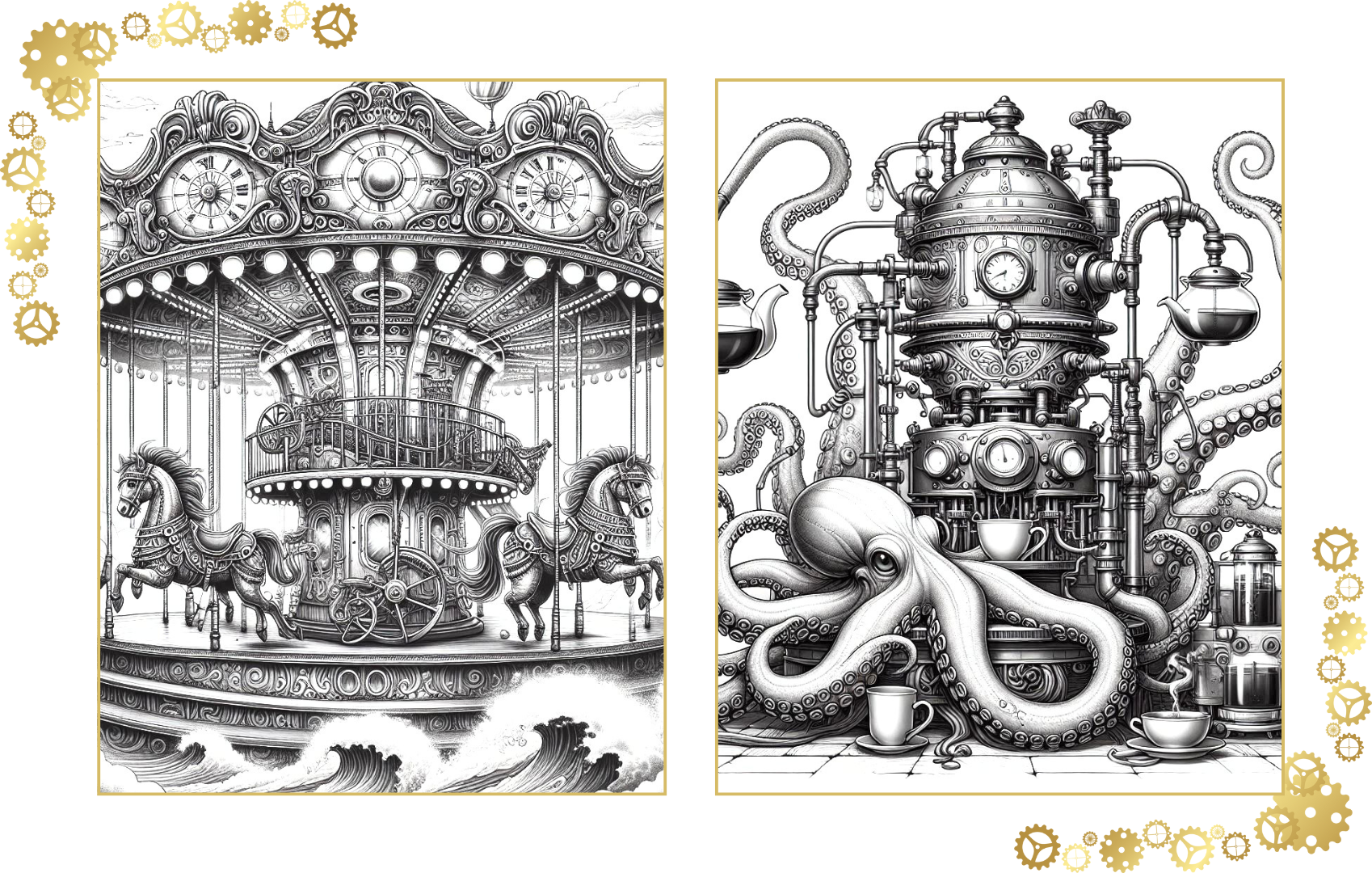 Whimsy Mechanical - 50 Fantasy Steampunk Coloring Pages PDF Digital Download