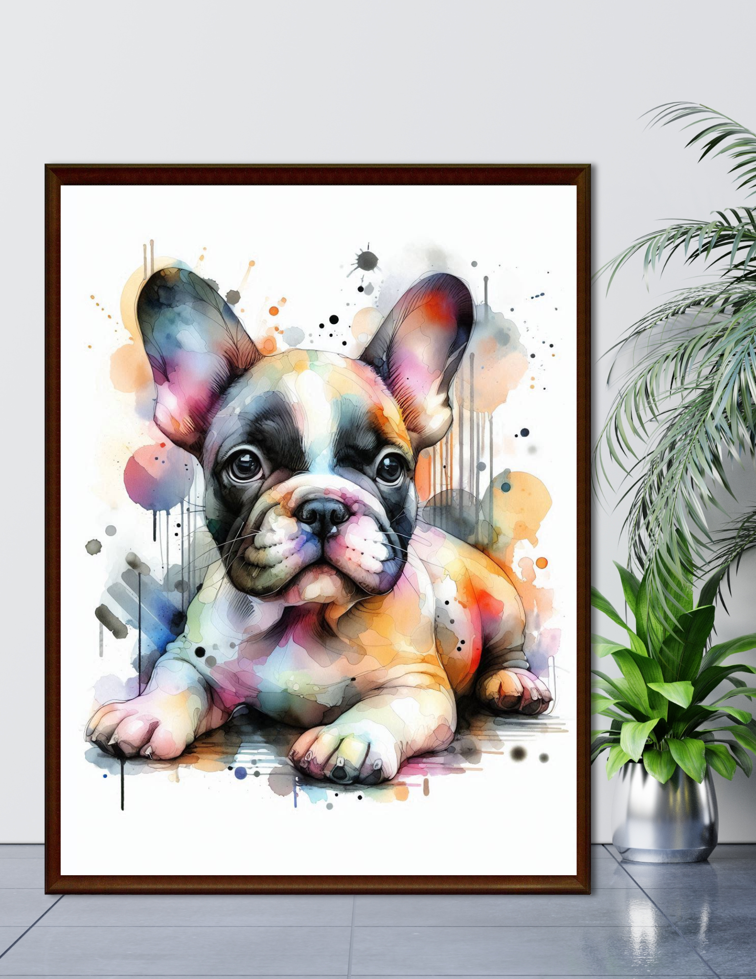 Colorful French Bulldog Puppy - Watercolor Abstract Dog Art Print, Whimsical Pet Wall Decor