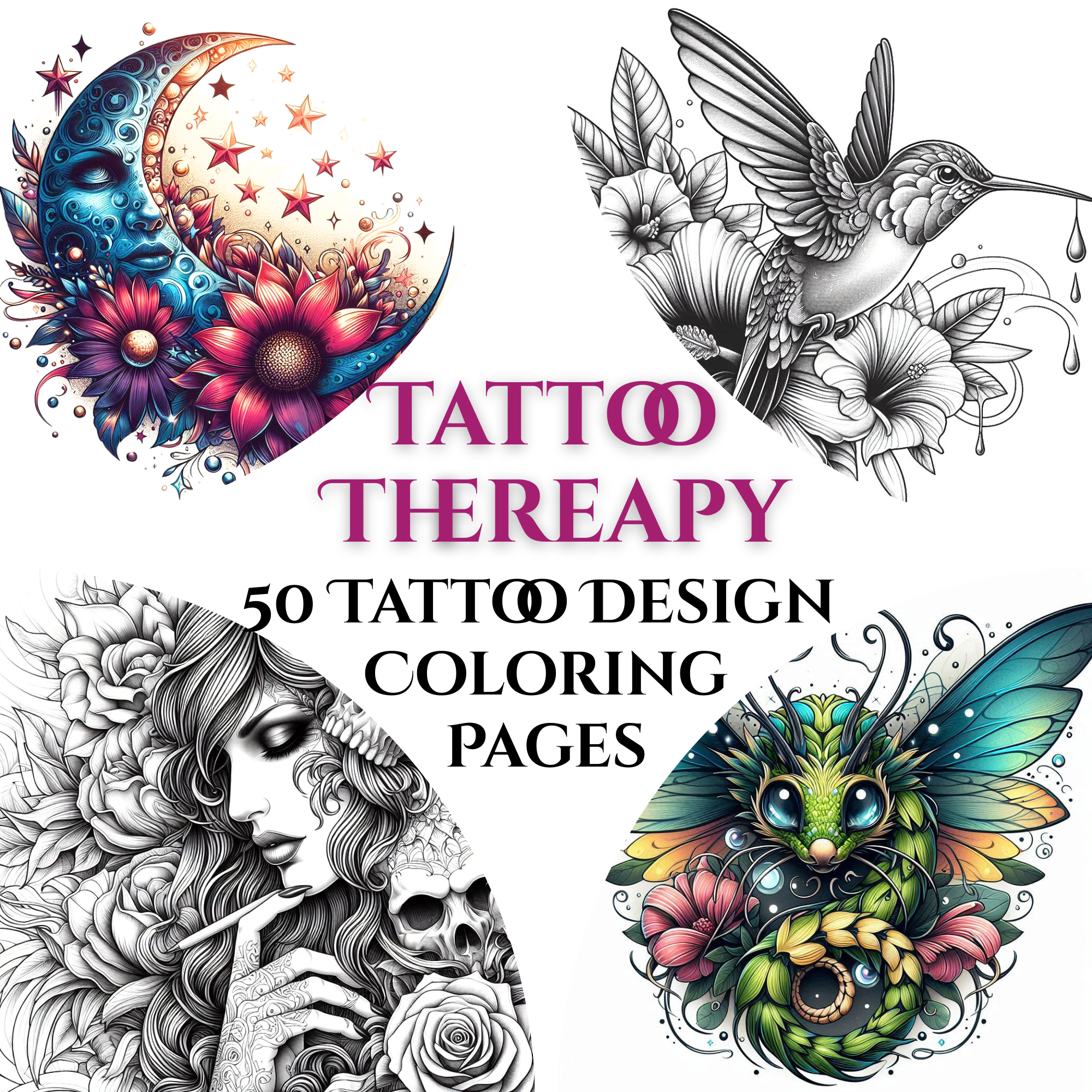 Tattoo Therapy - 50 Tattoo Designs: Adult Coloring Book Paperback