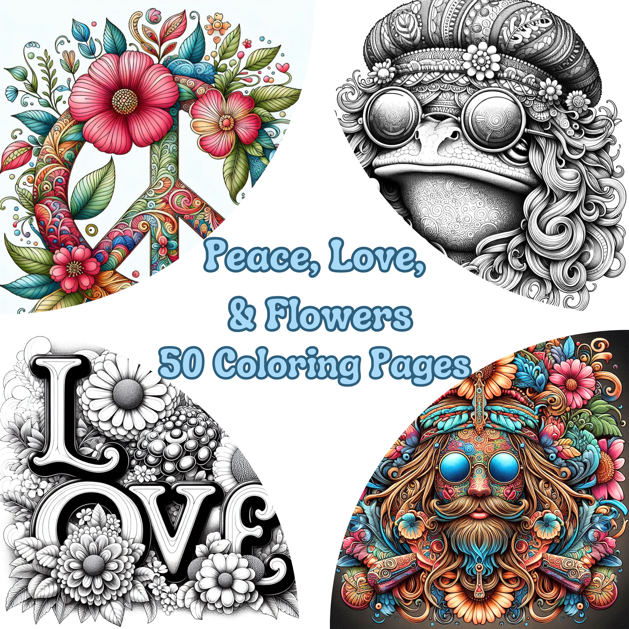Peace, Love & Flowers Adult Coloring Pages PDF Download
