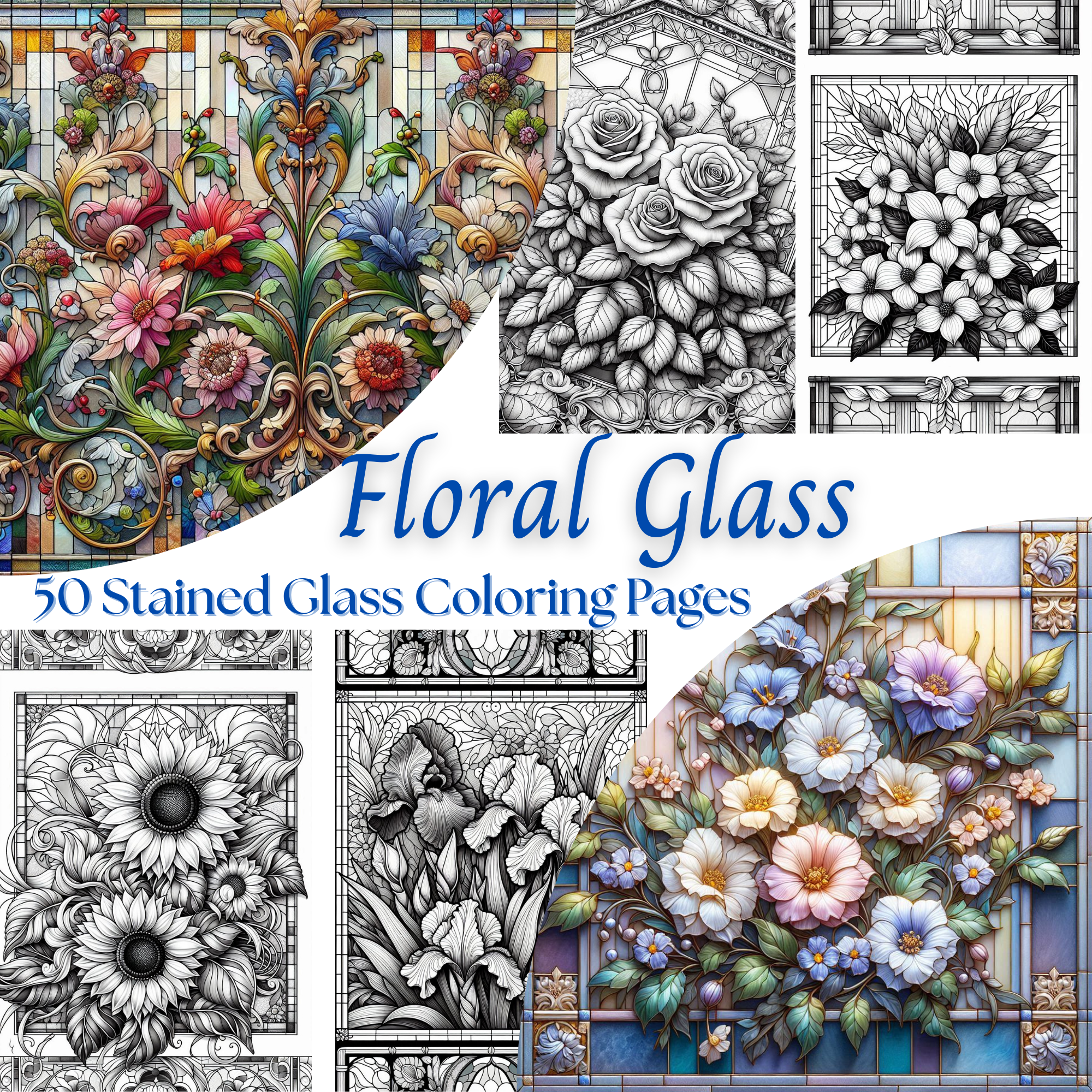 Floral Glass - 50 Stained Glass Coloring Pages Paperback Book