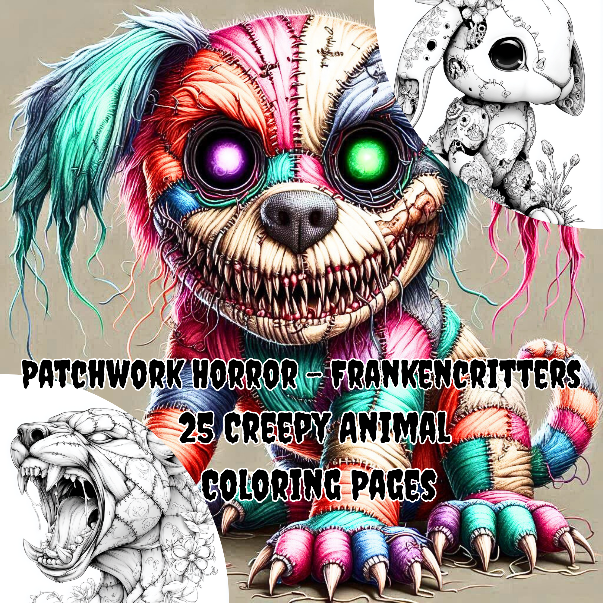 Patchwork Horrors: Frankencritters Edition –25 Creepy Animal Coloring Pages, Scary Printable PDF, Gothic Halloween Coloring Book for Adults