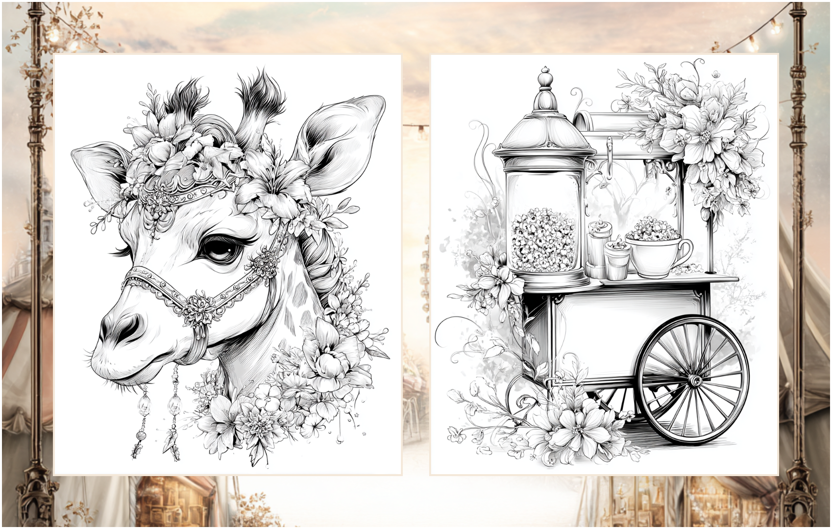 Vintage Carnival – A Whimsical Coloring Journey | 50 Nostalgic Circus & Fairground Pages | PDF Download