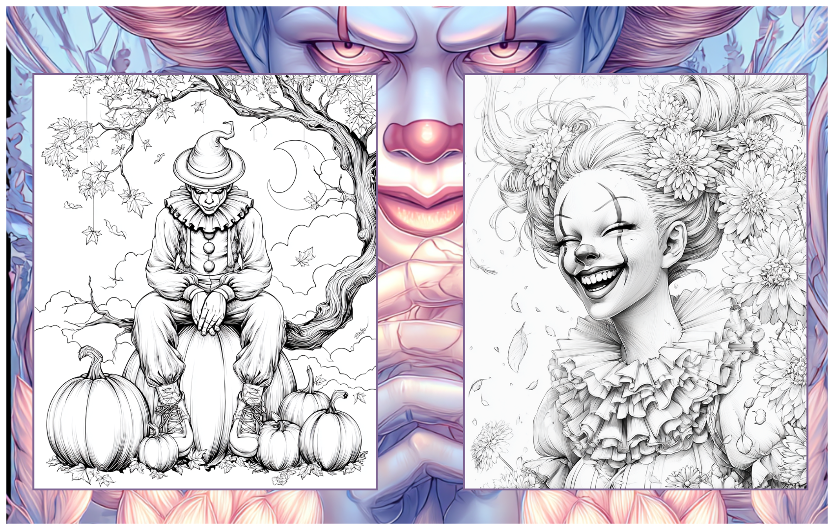 Grins & Shadows – The Many Moods of Clowns: 50 Clown Coloring Pages Paperback 