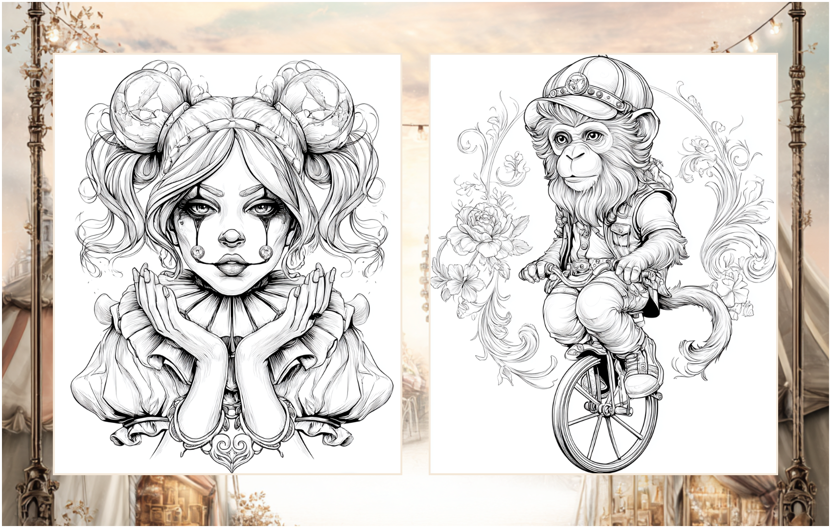 Vintage Carnival – A Whimsical Coloring Journey | 50 Nostalgic Circus & Fairground Pages | PDF Download