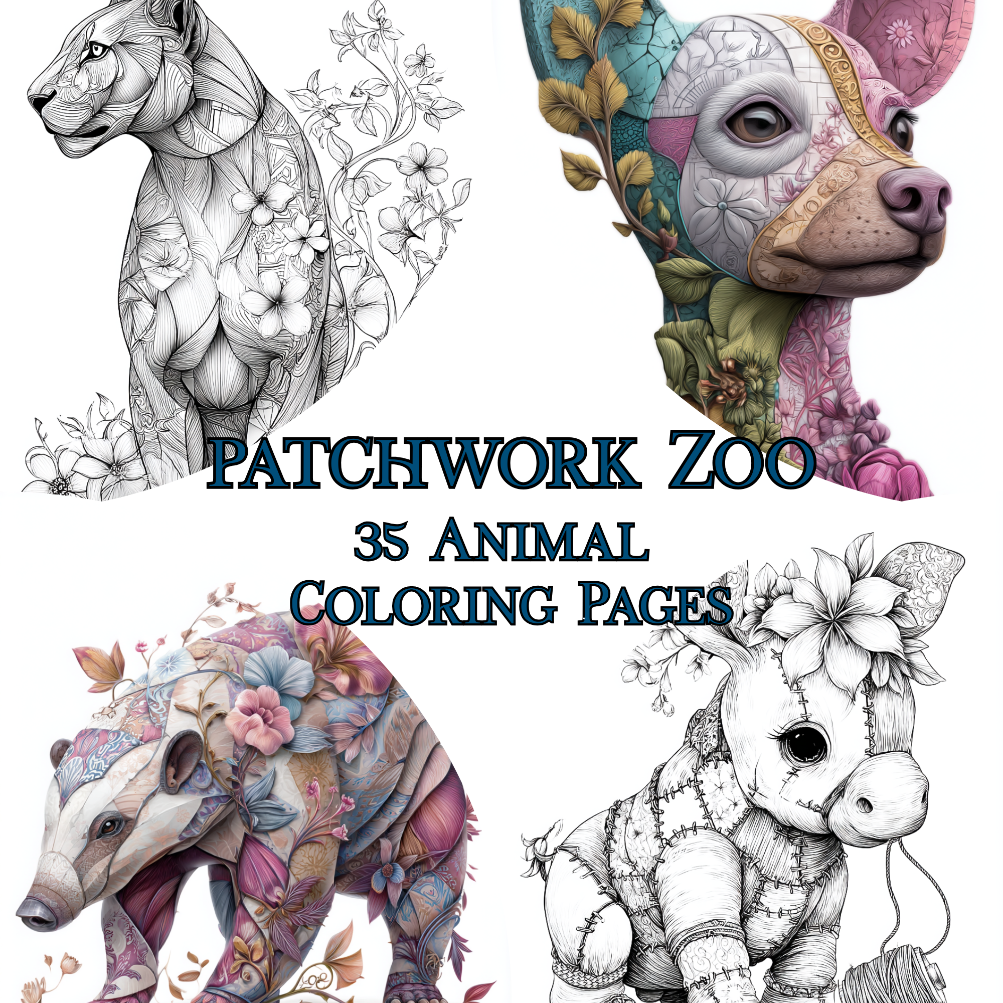 Patchwork Zoo – 35 Whimsical Animal Coloring Pages Quirky Patchwork Creatures for Creative Coloring Fun