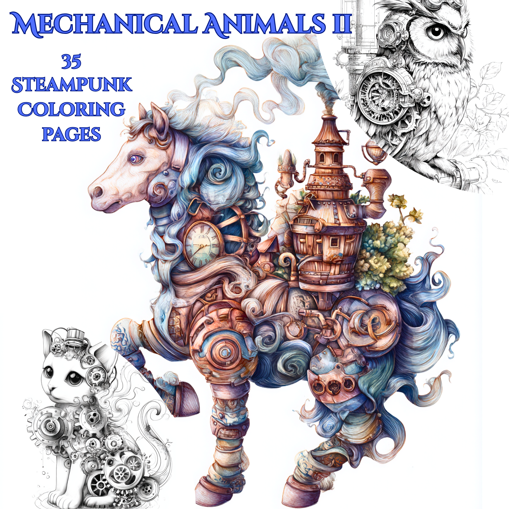 Mechanical Animals Volume II – 35 Fantasy Steampunk Animal Coloring Pages, Printable PDF, Mecha Animal Art, Adult Coloring Download