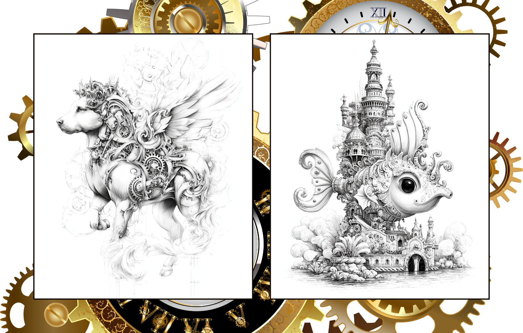 Mechanical Animals Volume II – 35 Fantasy Steampunk Animal Coloring Pages, Printable PDF, Mecha Animal Art, Adult Coloring Download